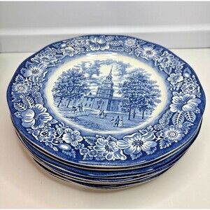 Lot of 7 Liberty Blue Staffordshire Ironstone 9 7/8" Dinner plates England